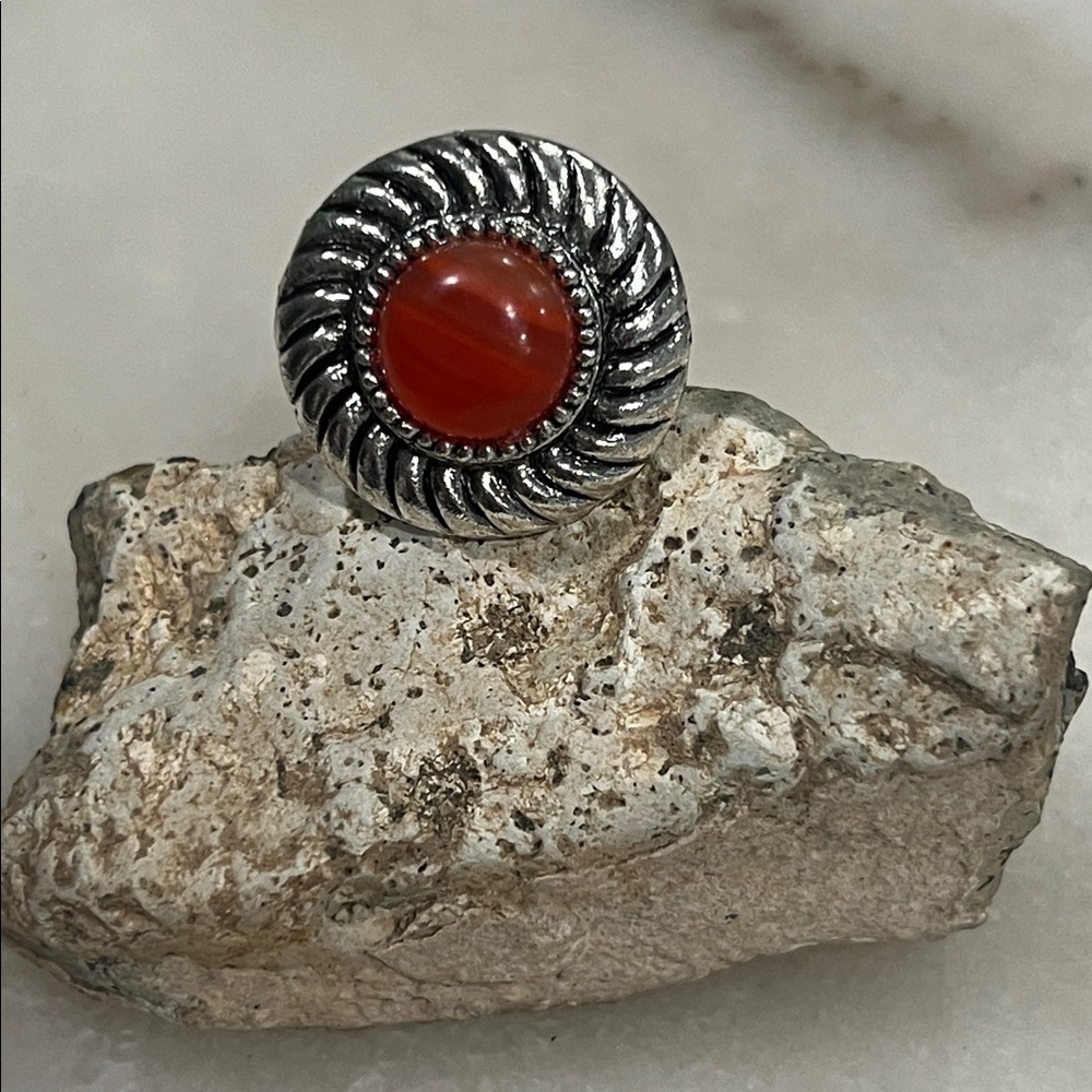 Silver and Red Carnelian Agate Stone Ring